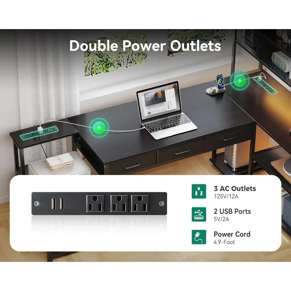 79 inch L Shaped Desk with 5 Drawers, LED Light & 2 Power Outlets