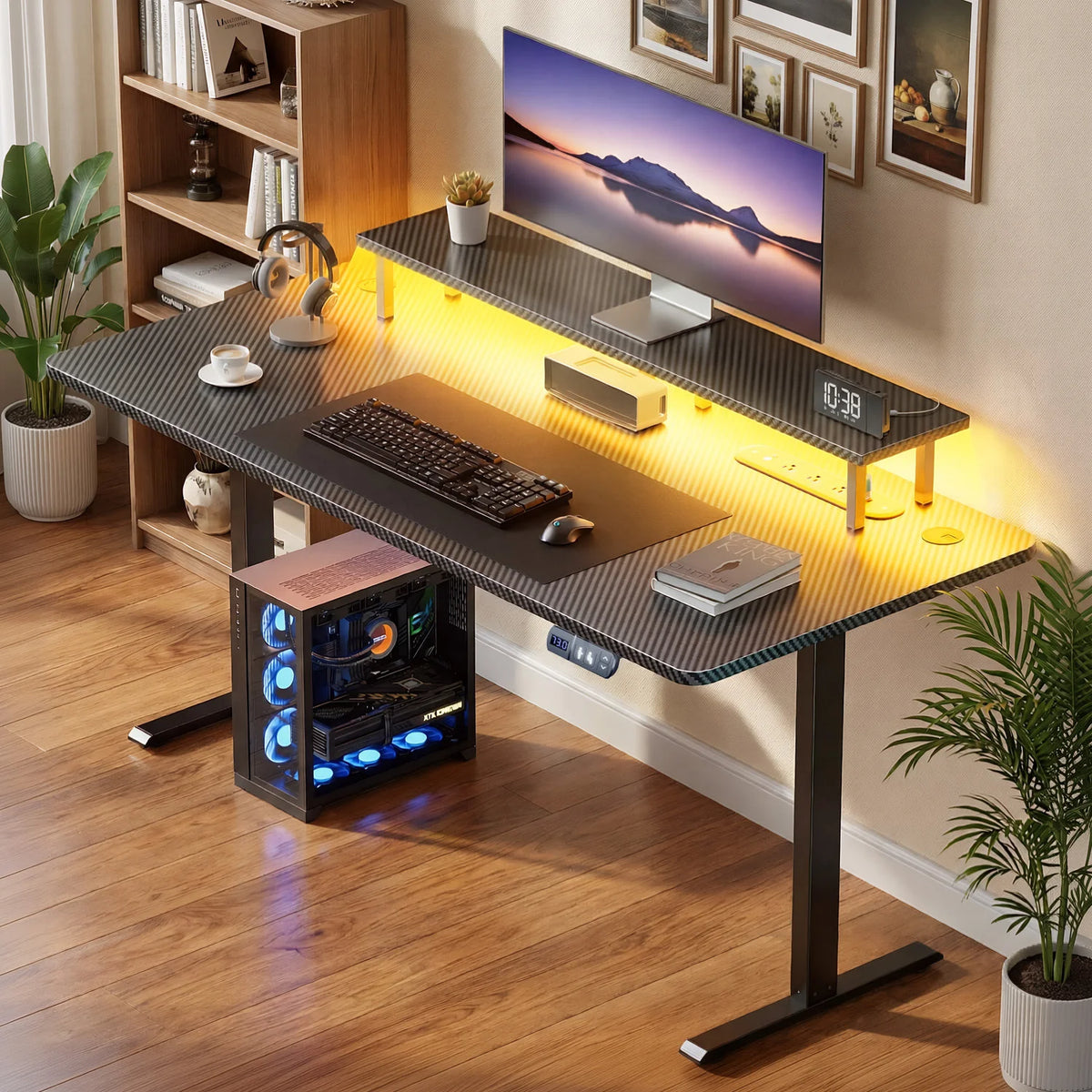 NEBMAAX Electric Height-Adjustable Gaming Desk with LED Lighting