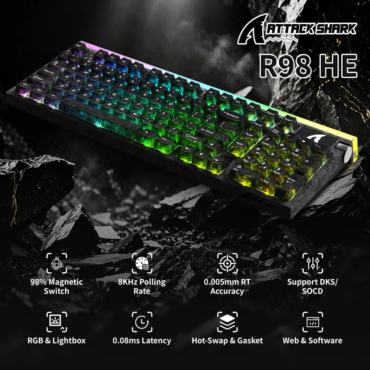 ATTACK SHARK R98 HE Carbon Fiber Rapid Trigger Keyboard, 98 Keys