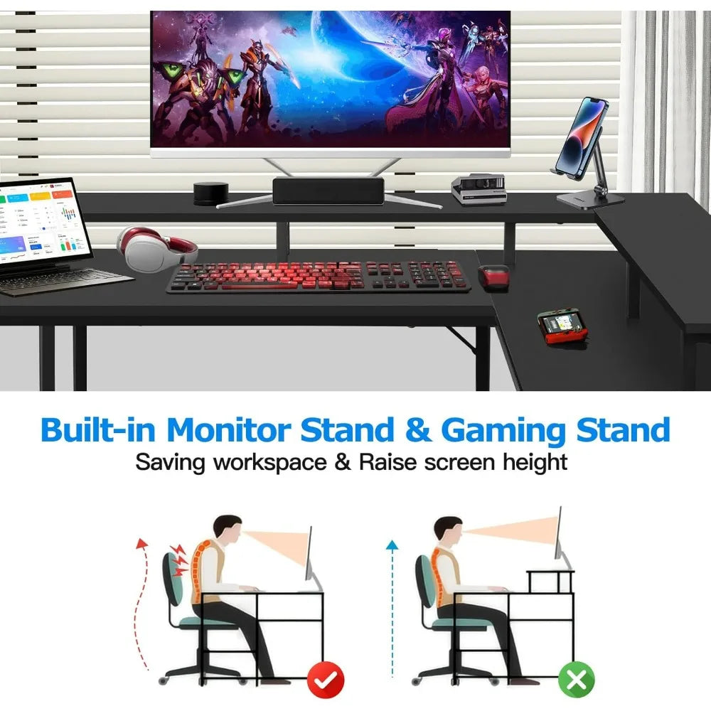 Panana 53.5" L Shaped Computer Desk with LED Lights and Power Outlets