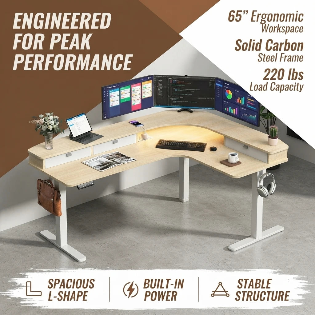 65" L‑Shaped Electric Standing Desk with 3 Drawers, Height Adjustable