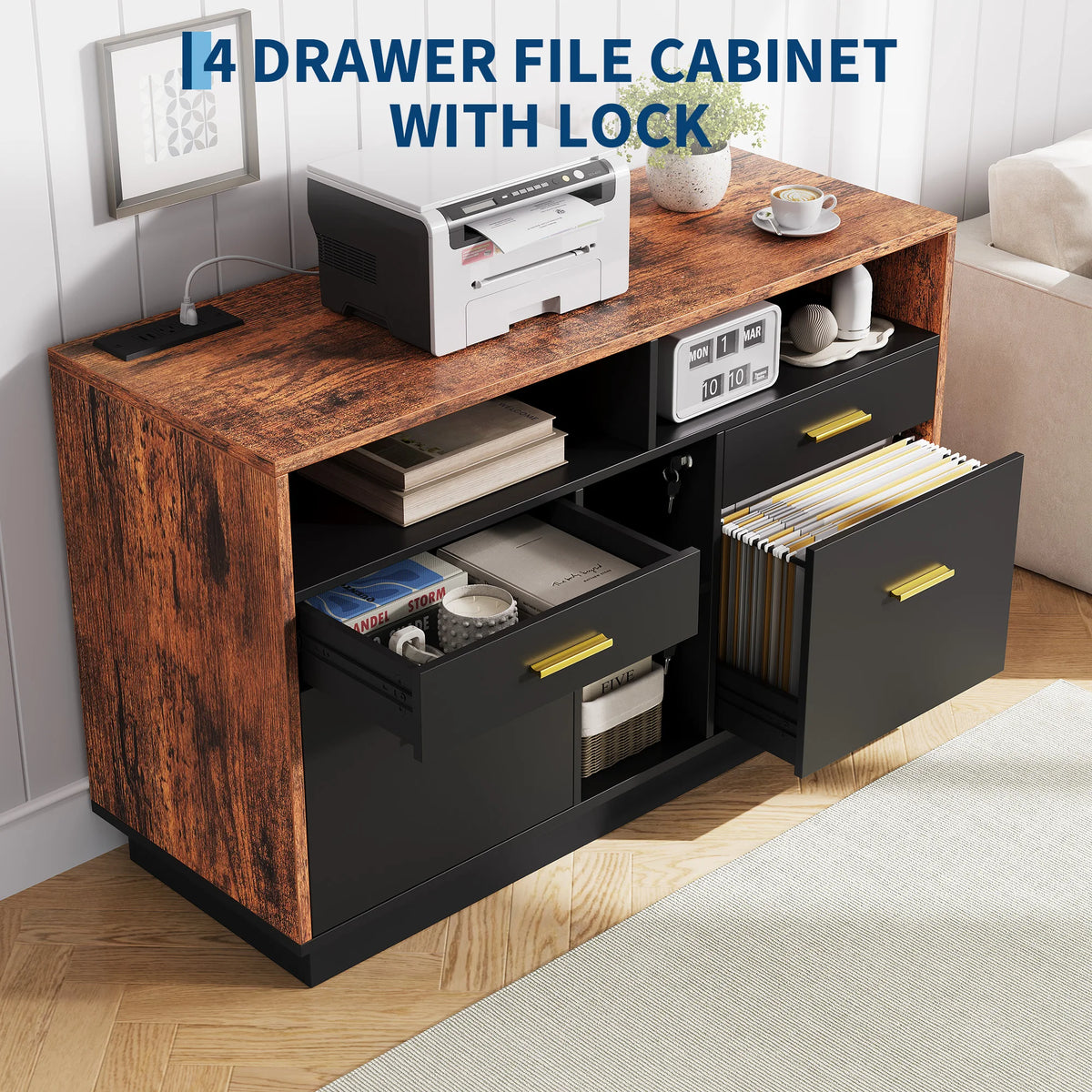 4 Drawer Lateral File Cabinet With Lock And Power Outlet, Home Office