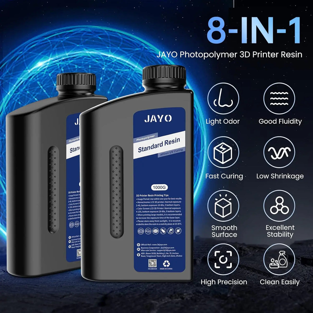JAYO Standard /ABS-Like/ Water Wash 3D Printer UV Resin 405nm 2 Bottles