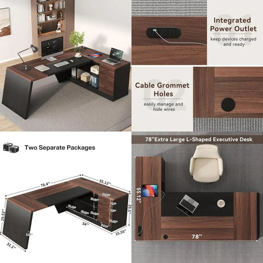 L-Shaped Executive Desk with Power Outlet, 78-Inch