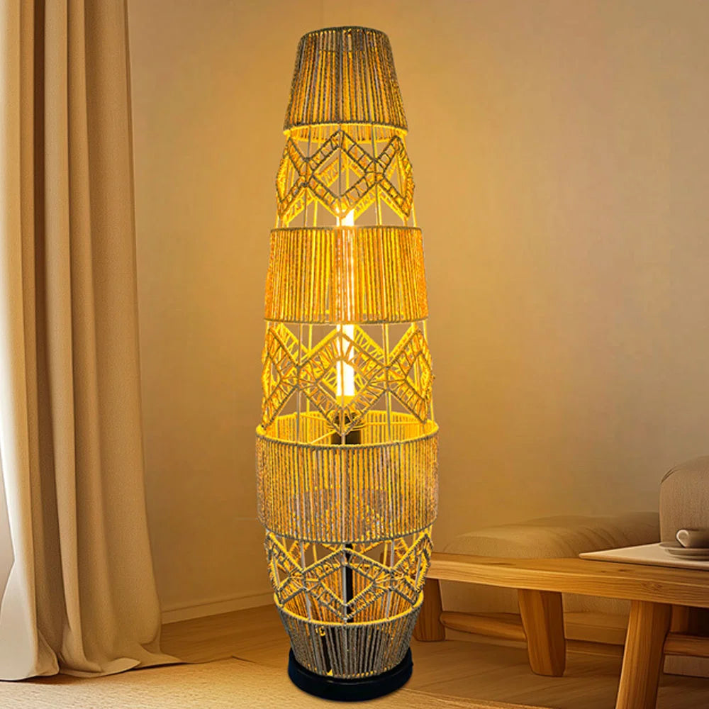 Tall Vintage Wicker Floor Lamp Woven Cane Rattan Art Ethnic LED