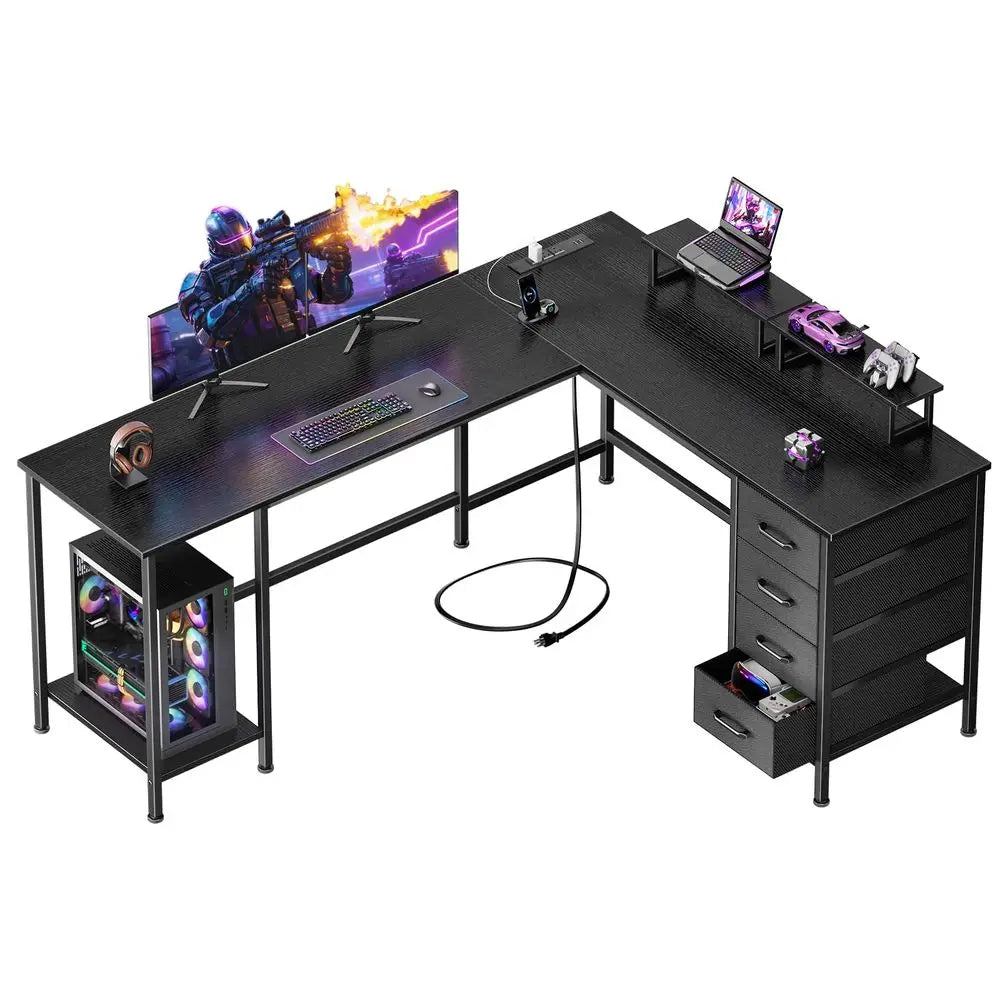 59 inch L Shaped Computer Desk with Power Outlets