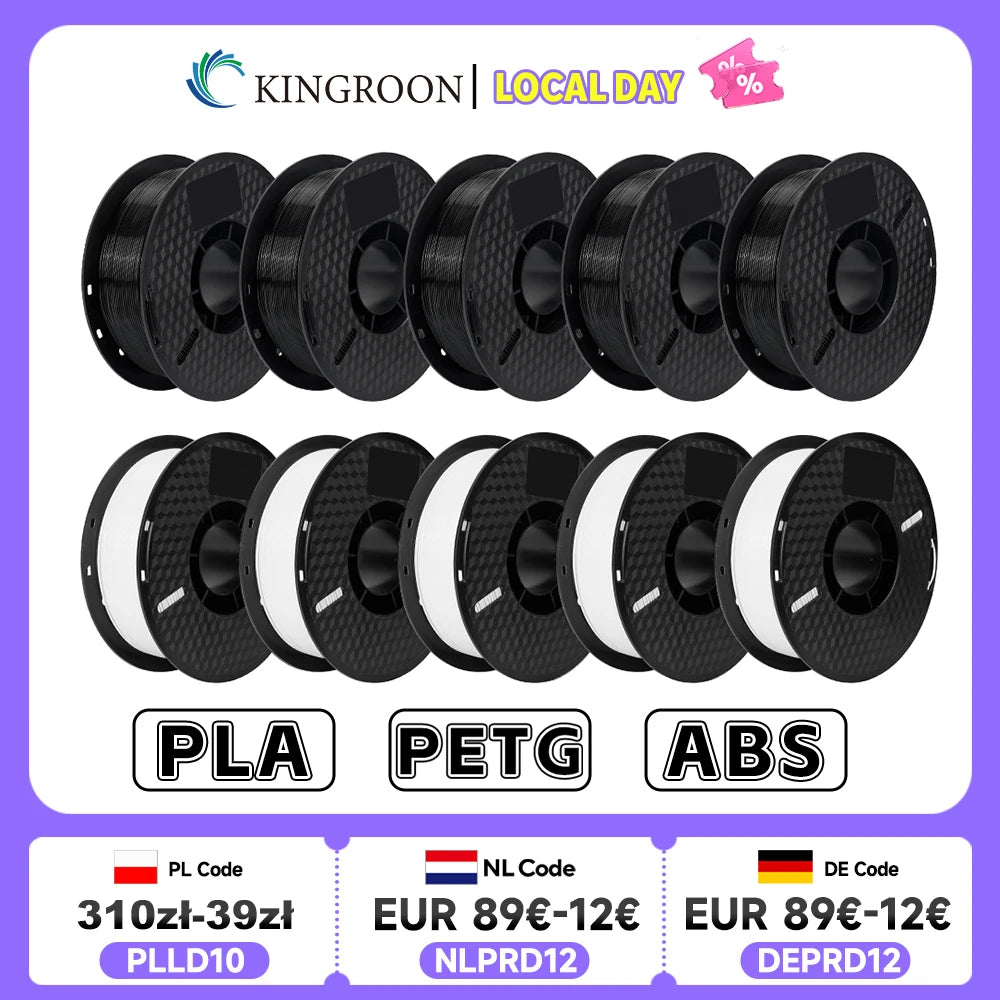 KINGROON 10KG PLA/ ABS/ PETG Filament 1.75mm Black White Gray, 10 Rolls