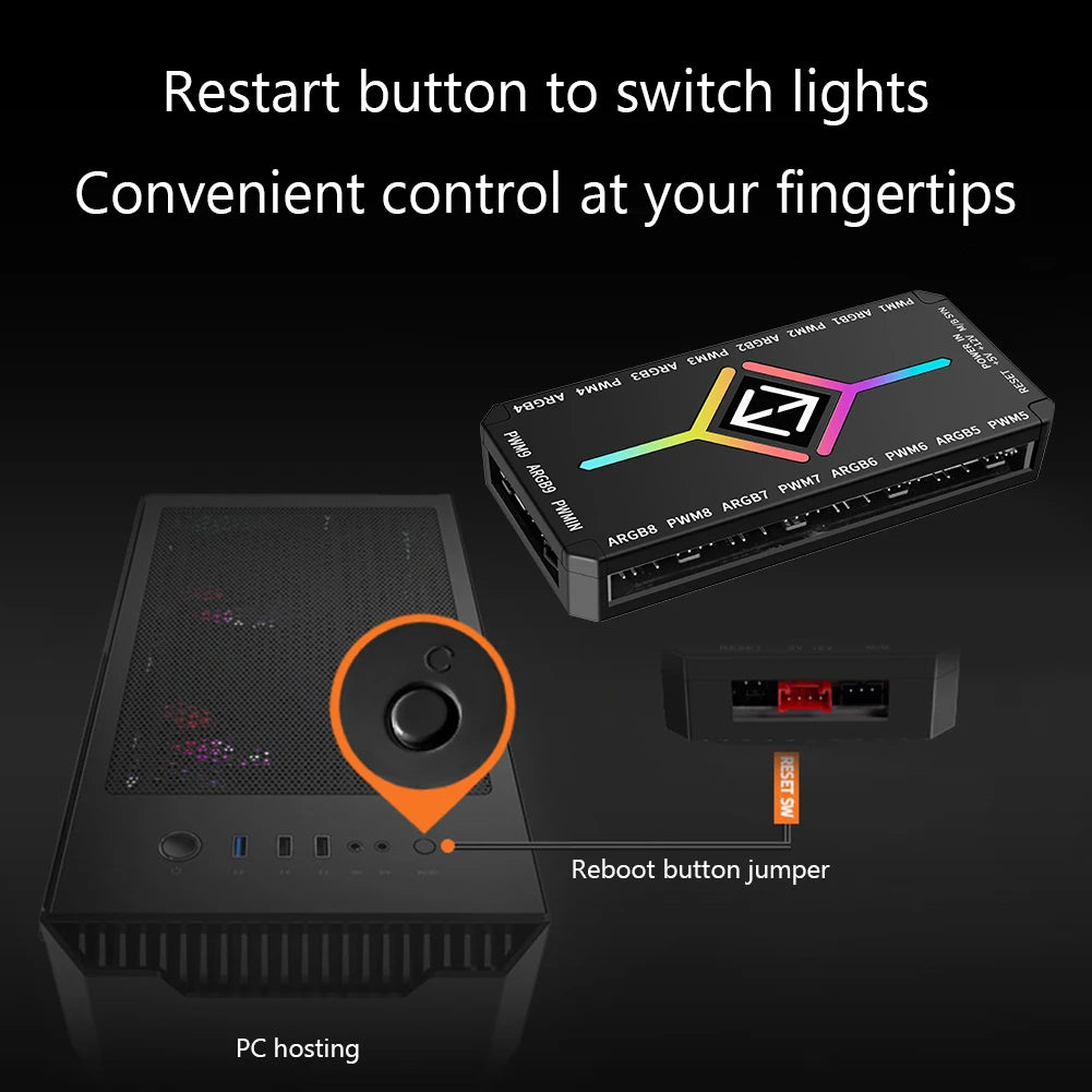 1 To 9 3 in 1 5V 3 Pin ARGB Controller Cooling Fan for PC