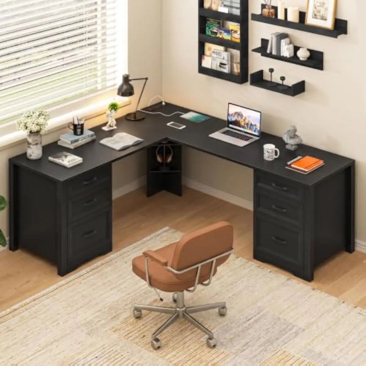L Shaped Modern Desk with 4 Large Drawers Built-in Power Hub