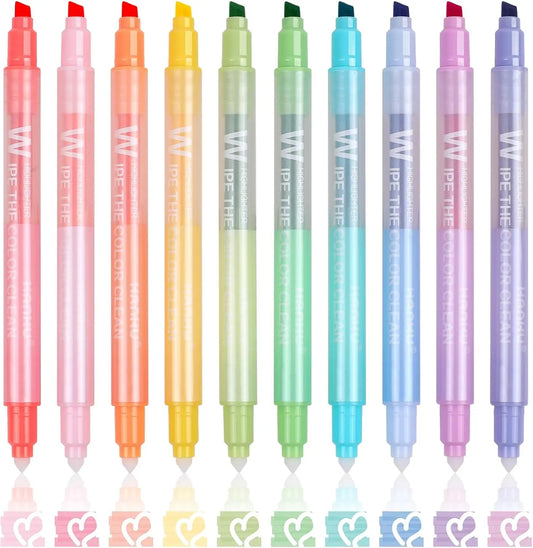 10-Color Erasable Highlighters, Pastel Soft-Tip No Bleed Pens