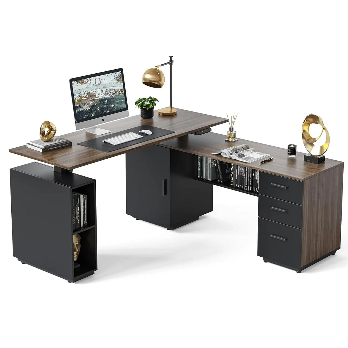 63" L Shaped Standing Desk with Storage, Height Adjustable Table
