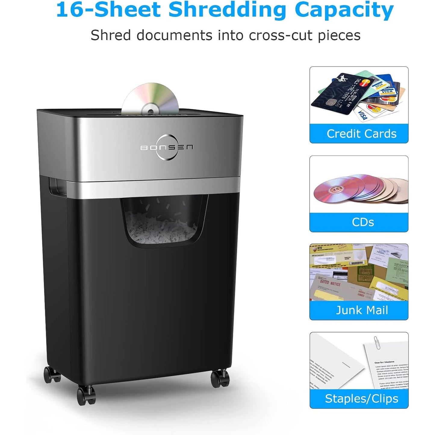 BONSEN 16-Sheet Heavy Duty Shredder for Office, 5.3-Gallon Bin