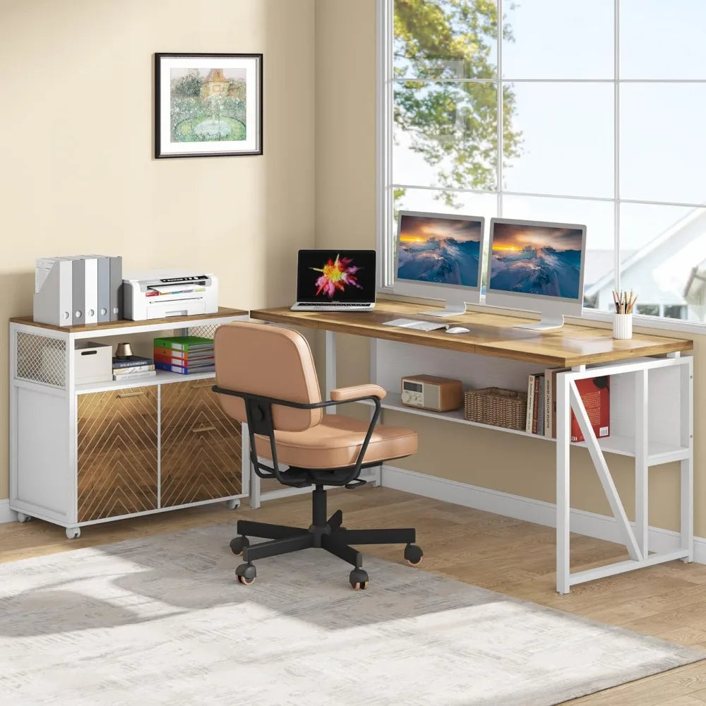 L Shaped Desk with Drawer Cabinet, 63" Executive Computer Desk