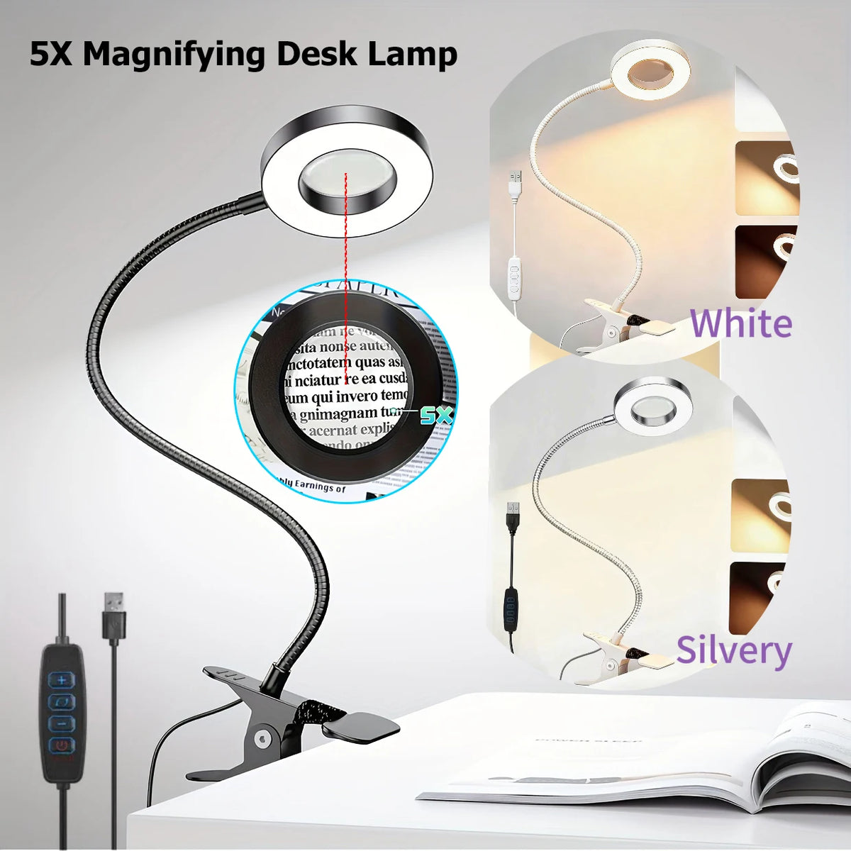 LED Clip-On Magnifying Desk Lamp 5X Magnifier USB Powered 3 Colors 10 Levels