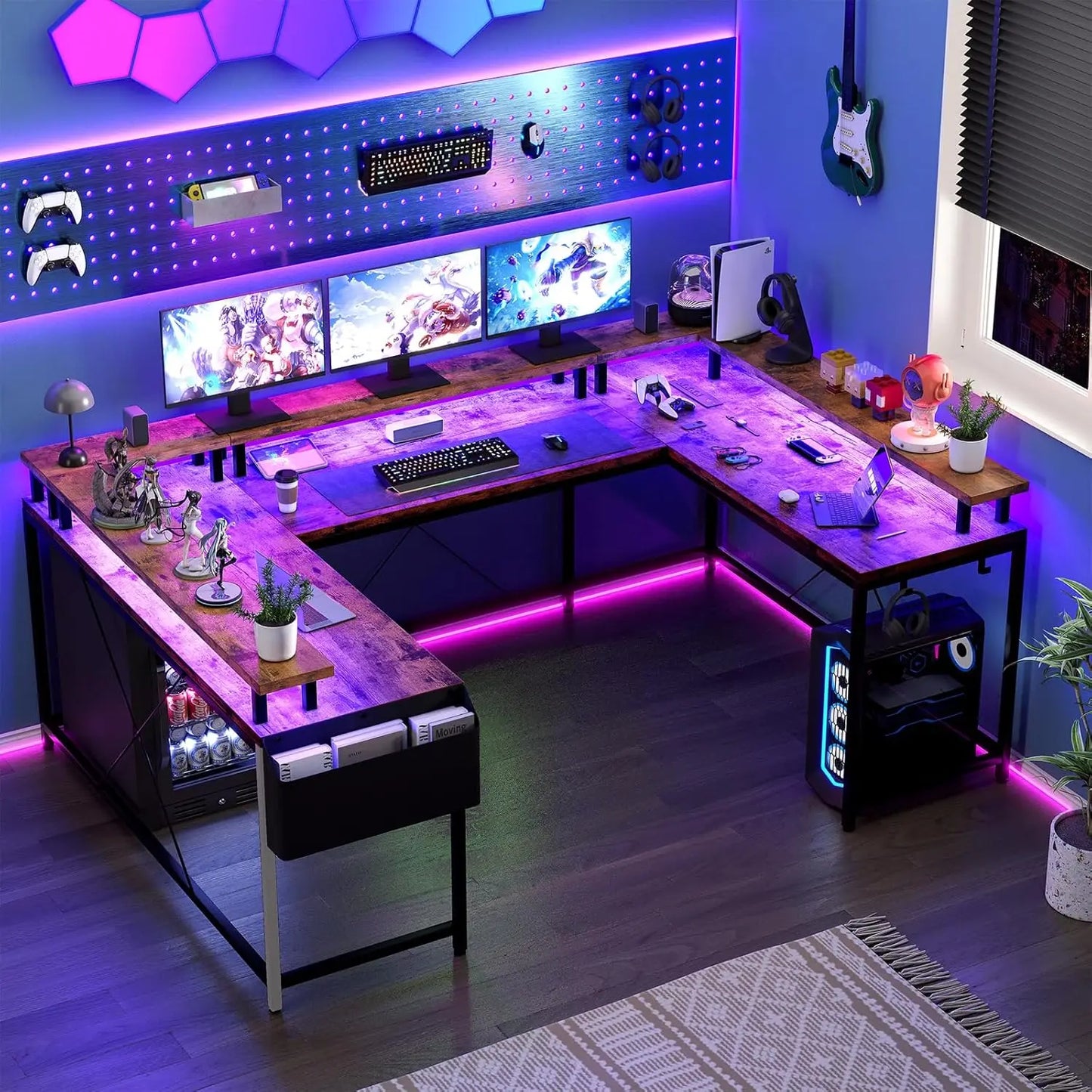 U Shaped Gaming Desk with Monitor Stand and 2 Power Outlet