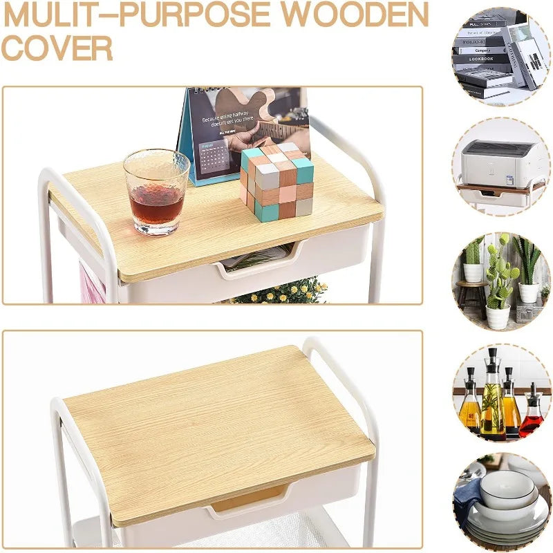 3-Tier Utility Rolling Cart with Wooden Board and Drawer