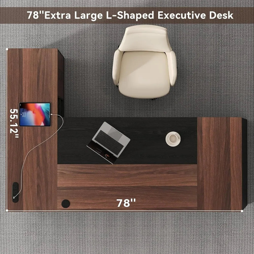 L-Shaped Executive Desk with Power Outlet, 78-Inch