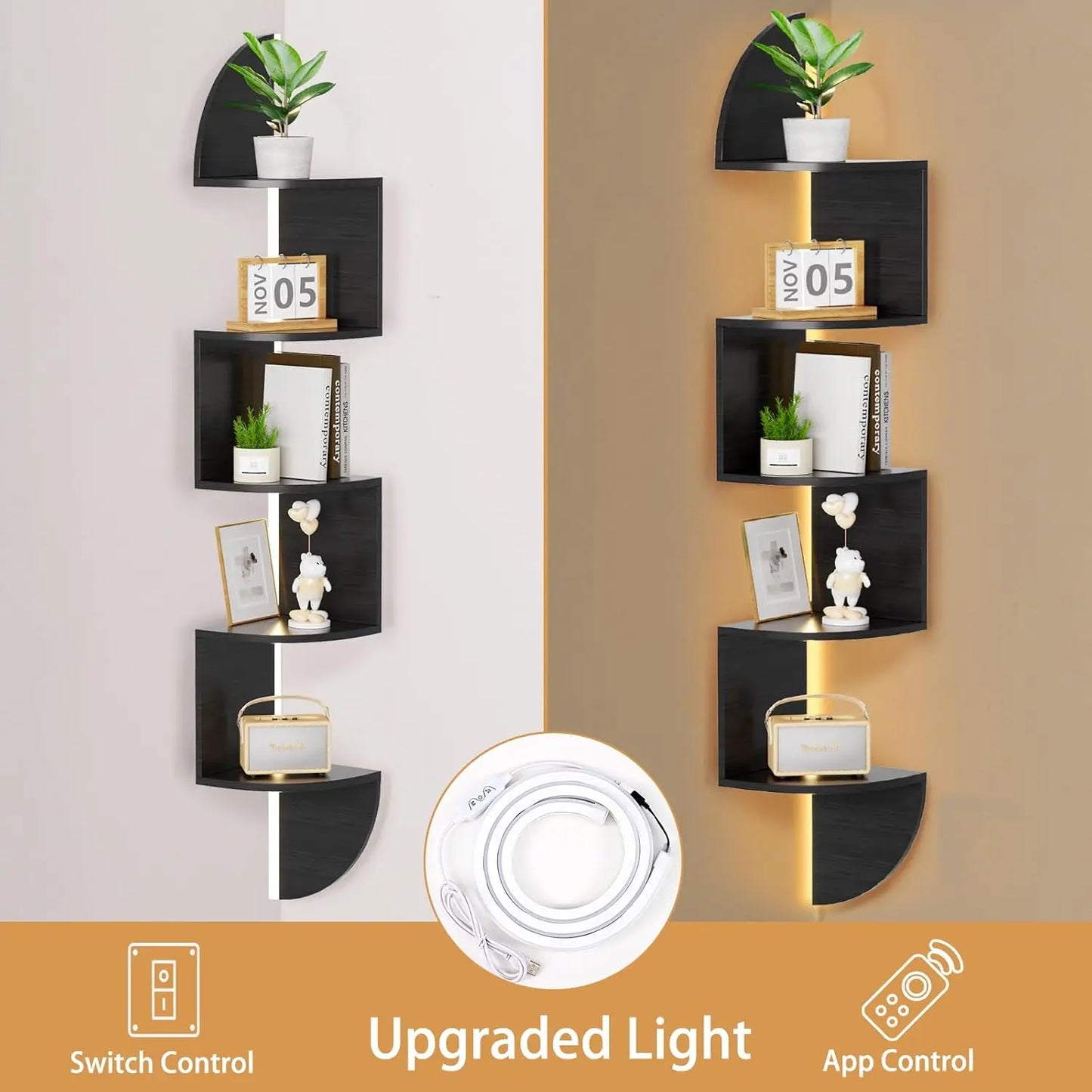 5-Tier Corner Shelf with LED Lights, for Home and Office Display