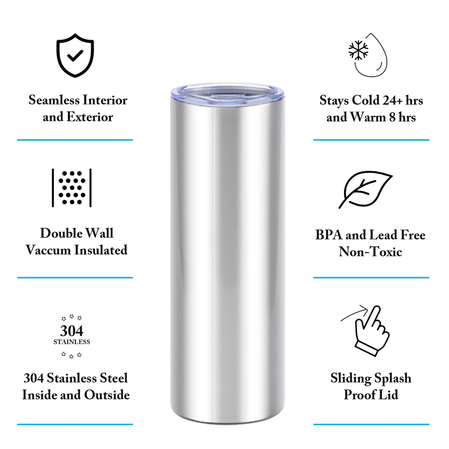 US warehouse 20OZ silver straight stainless steel tumbler with lid and straw