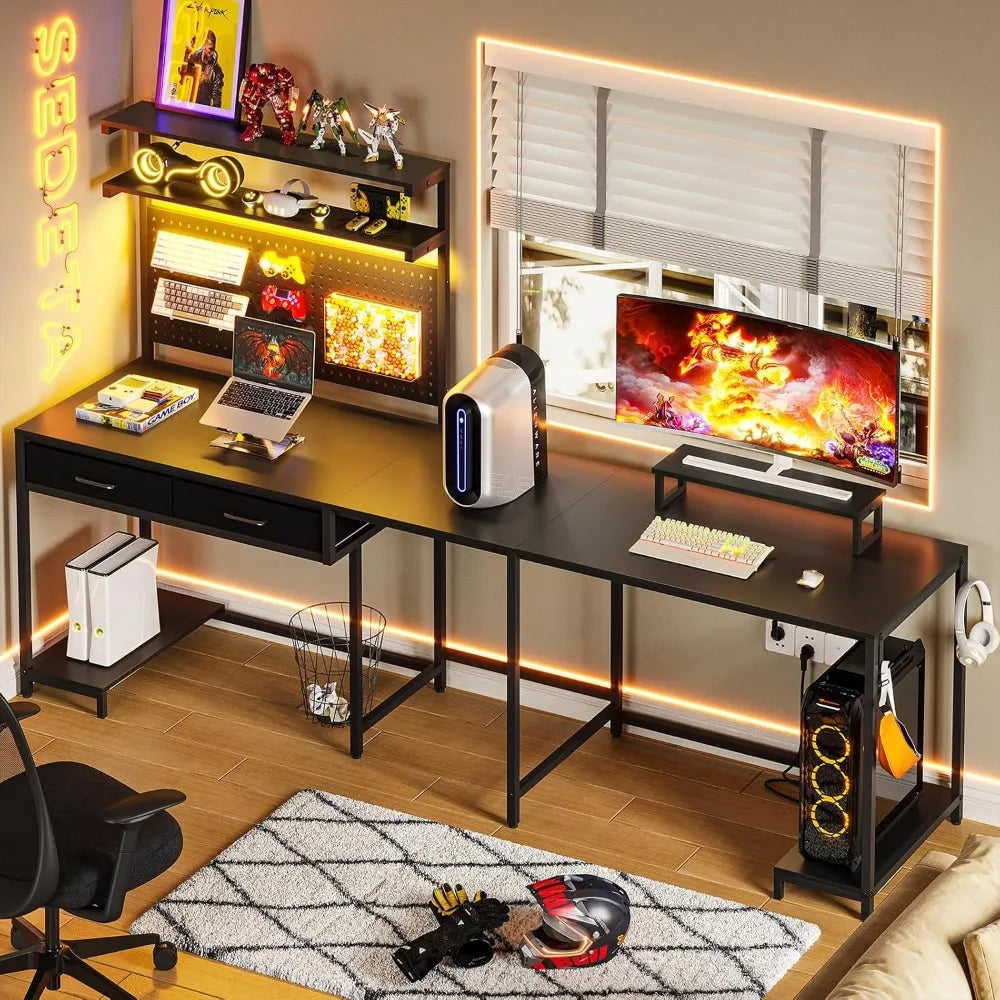 L Shaped Gaming Desk with LED Lights, Pegboard and Drawers