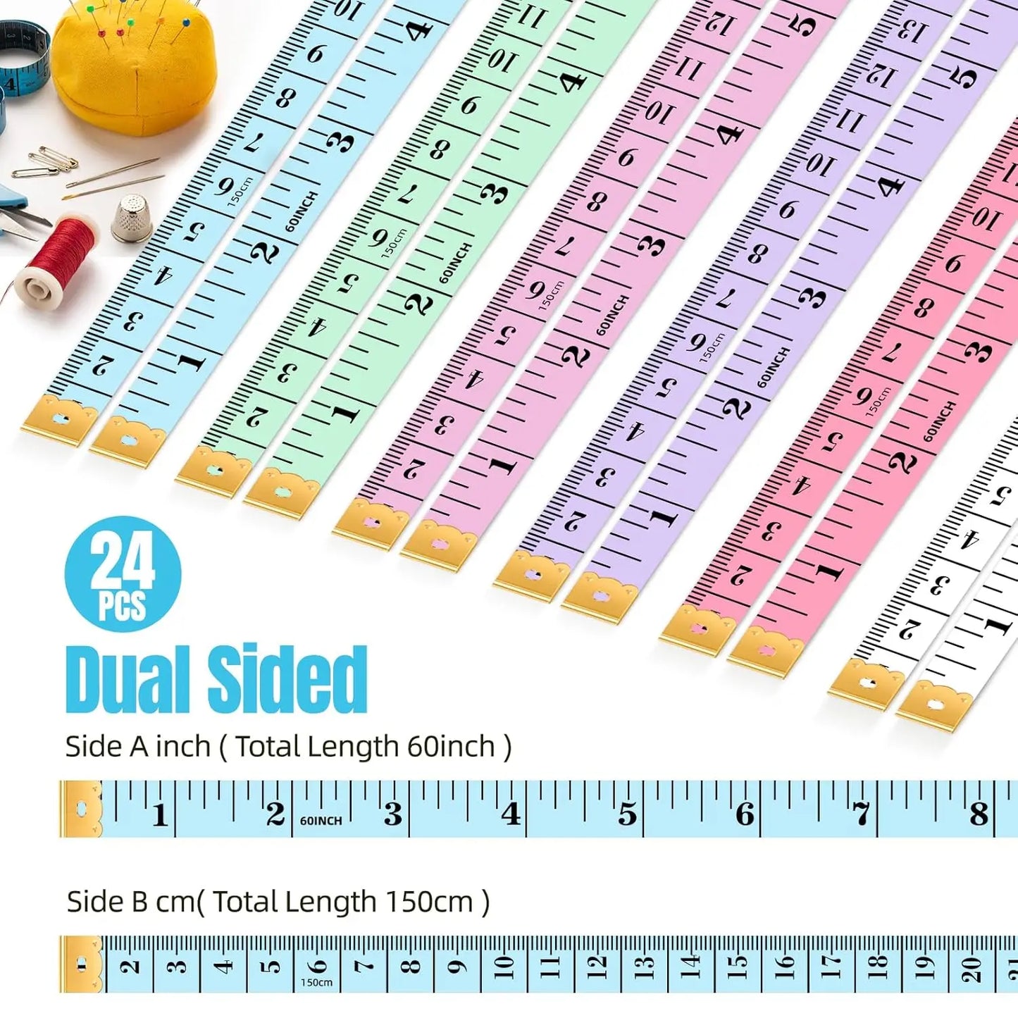 24 Pack Soft Tape Measure, 6 Colors Dual Scale 60"/150cm