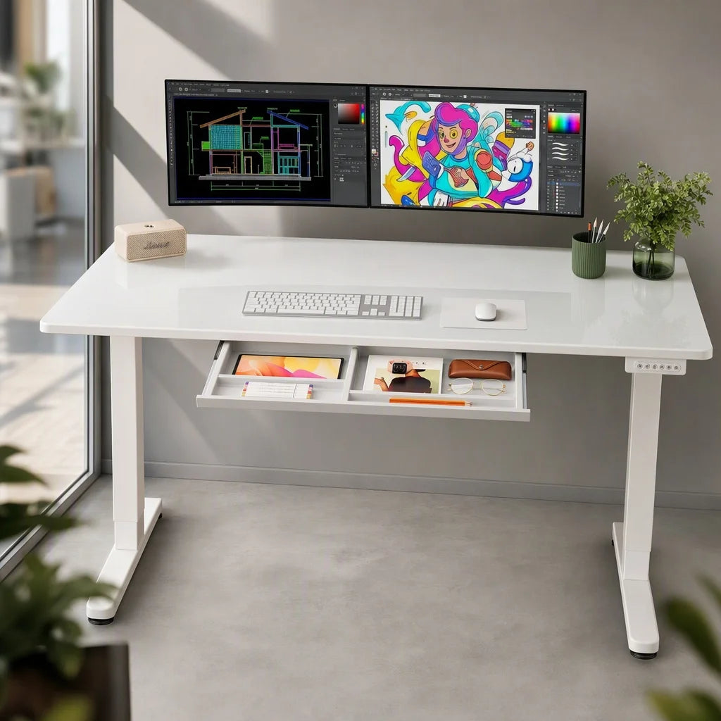 Glass Standing Desk with Drawer 58 X 28 Adjustable Height