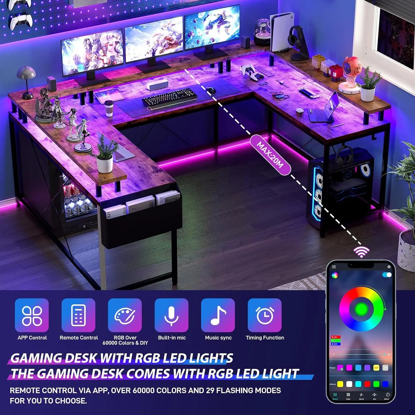 U Shaped Gaming Desk with Monitor Stand and 2 Power Outlet