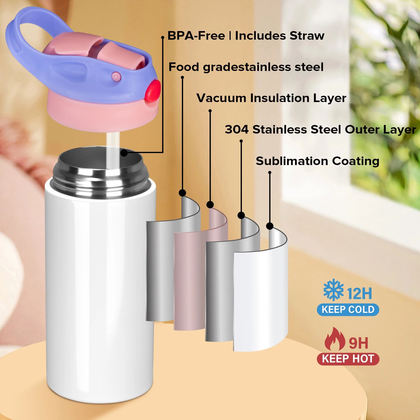 12/30 Pack 12oz Sublimation Kids Tumblers