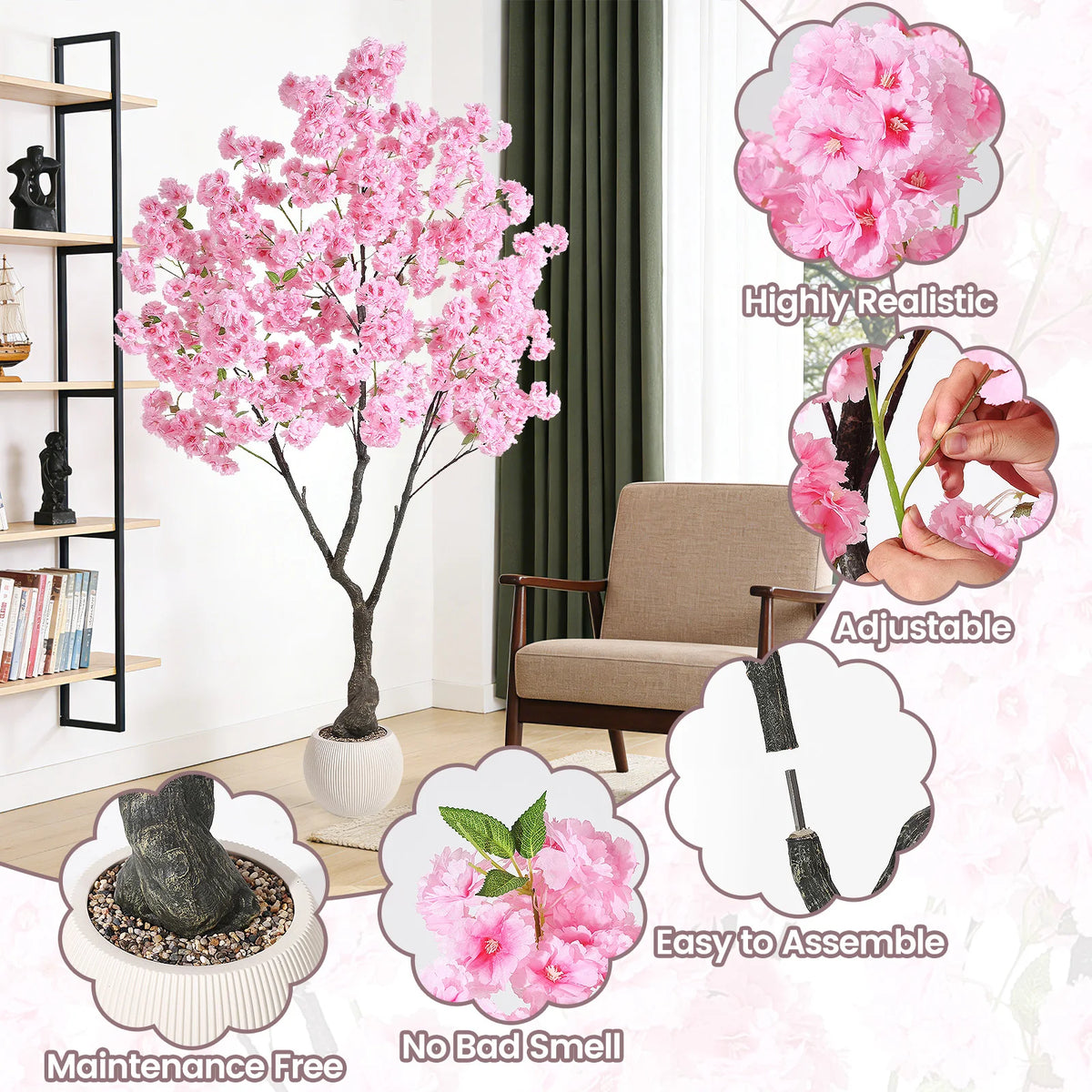 Artificial Cherry Blossom Tree with White Planter & Adjustable Branches