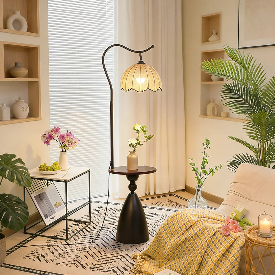 Vintage-Style Floor Lamp: featuring a hanging shade and a solid wood tabletop