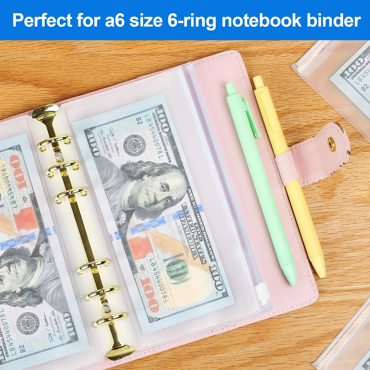 10PCS A6 Binder Pockets 6 Holes, Clear Zipper Folders 6-Ring, Waterproof