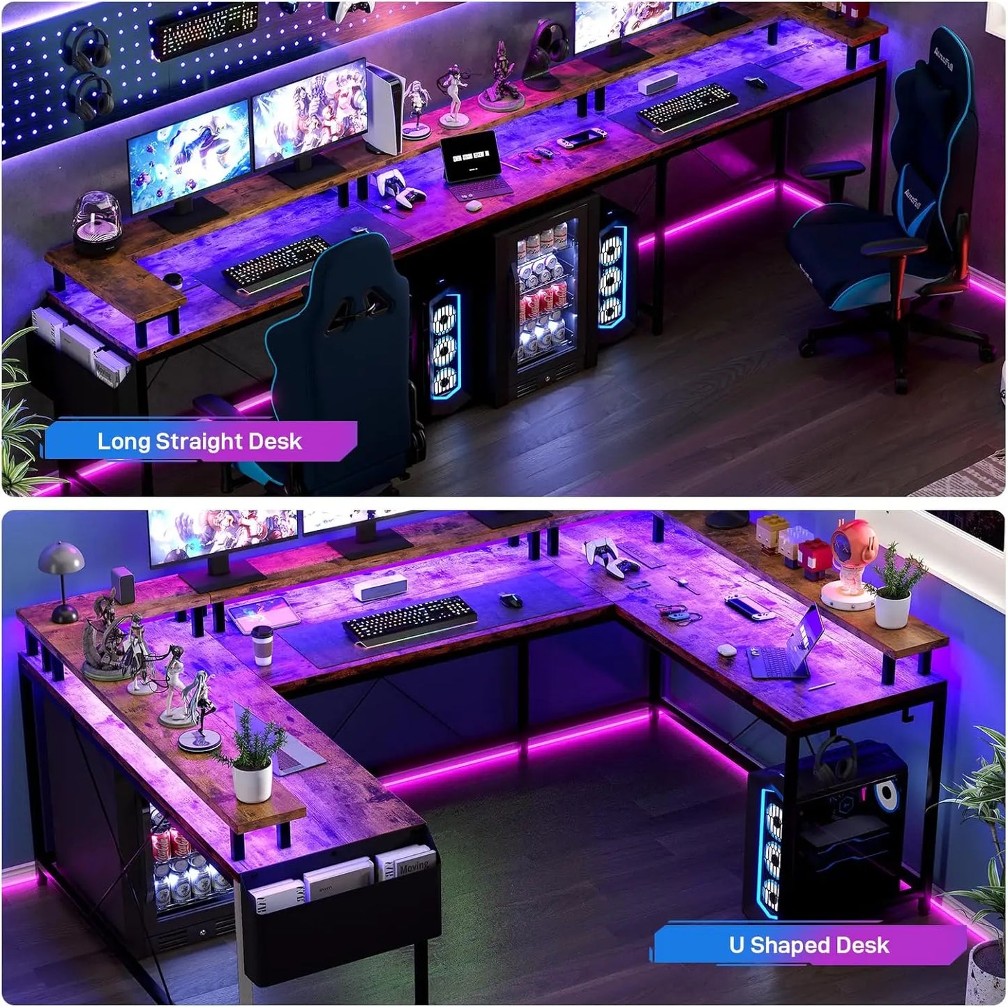 U Shaped Gaming Desk with Monitor Stand and 2 Power Outlet