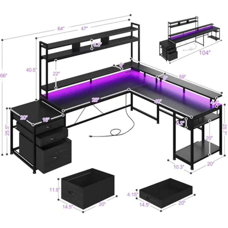 64 x 60 Inches L Shaped Desk with Hutch and Drawers