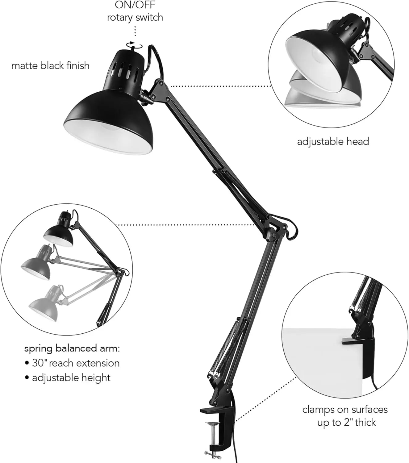 31.5" Adjustable Desk Lamp with Metal Clamp, Black, Swing Arm
