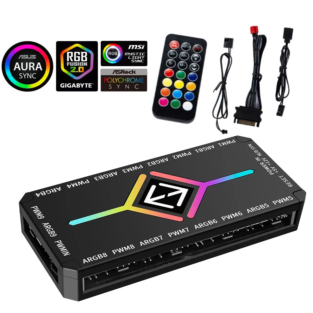 Multi Port 3 in 1 PWM Magnetic ARGB Fan Hub Splitter, Supports 9 Fans