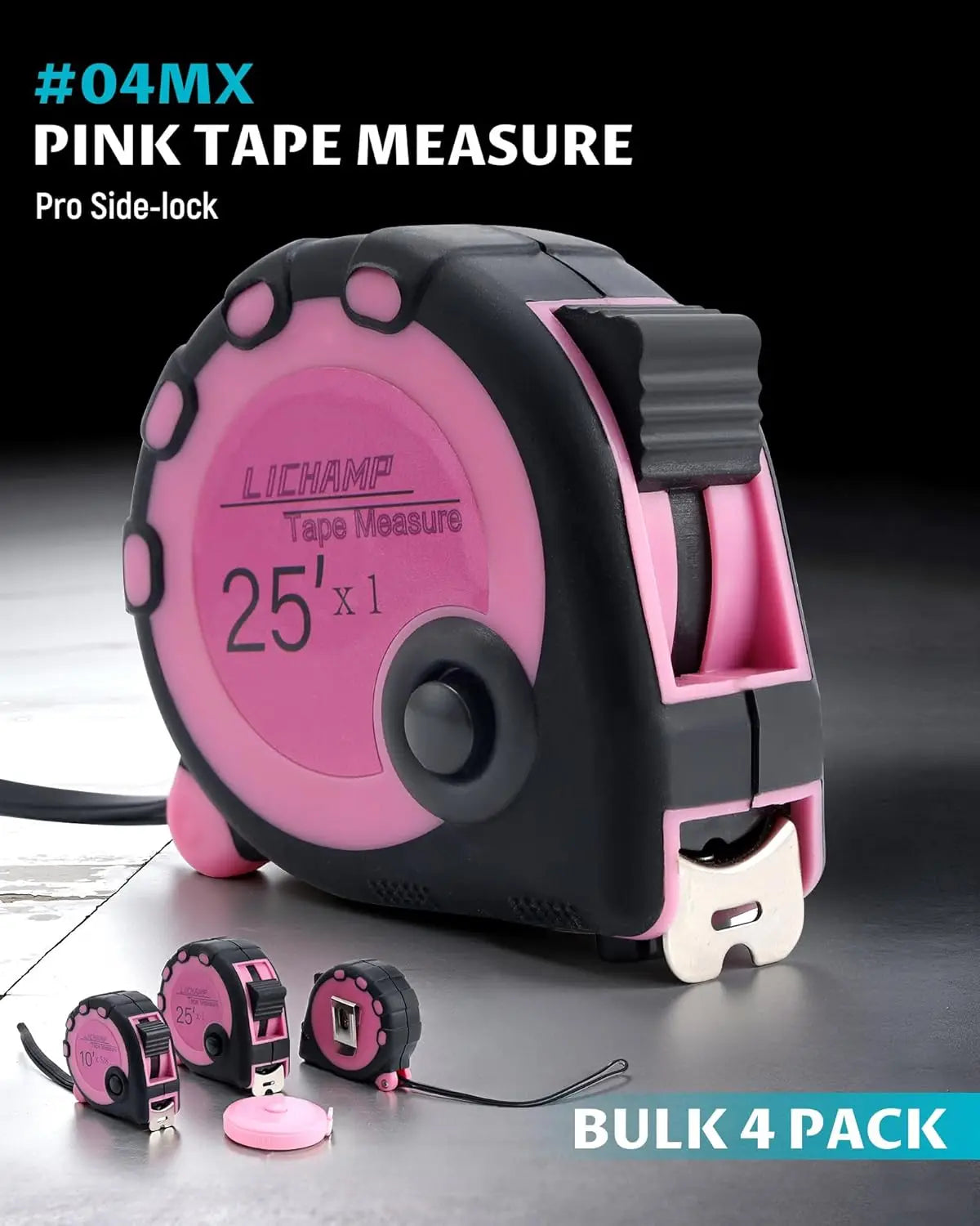 Pink Tape Measure 4 Pack, 10ft x 5/8in, 16ft x 3/4in, 25ft x 1in