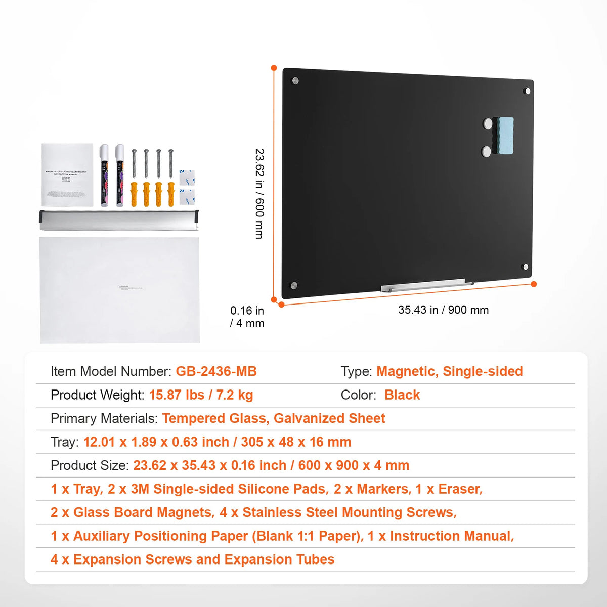 VEVOR Magnetic Glass Whiteboard 36"x24"/48"x32"/72"x36"