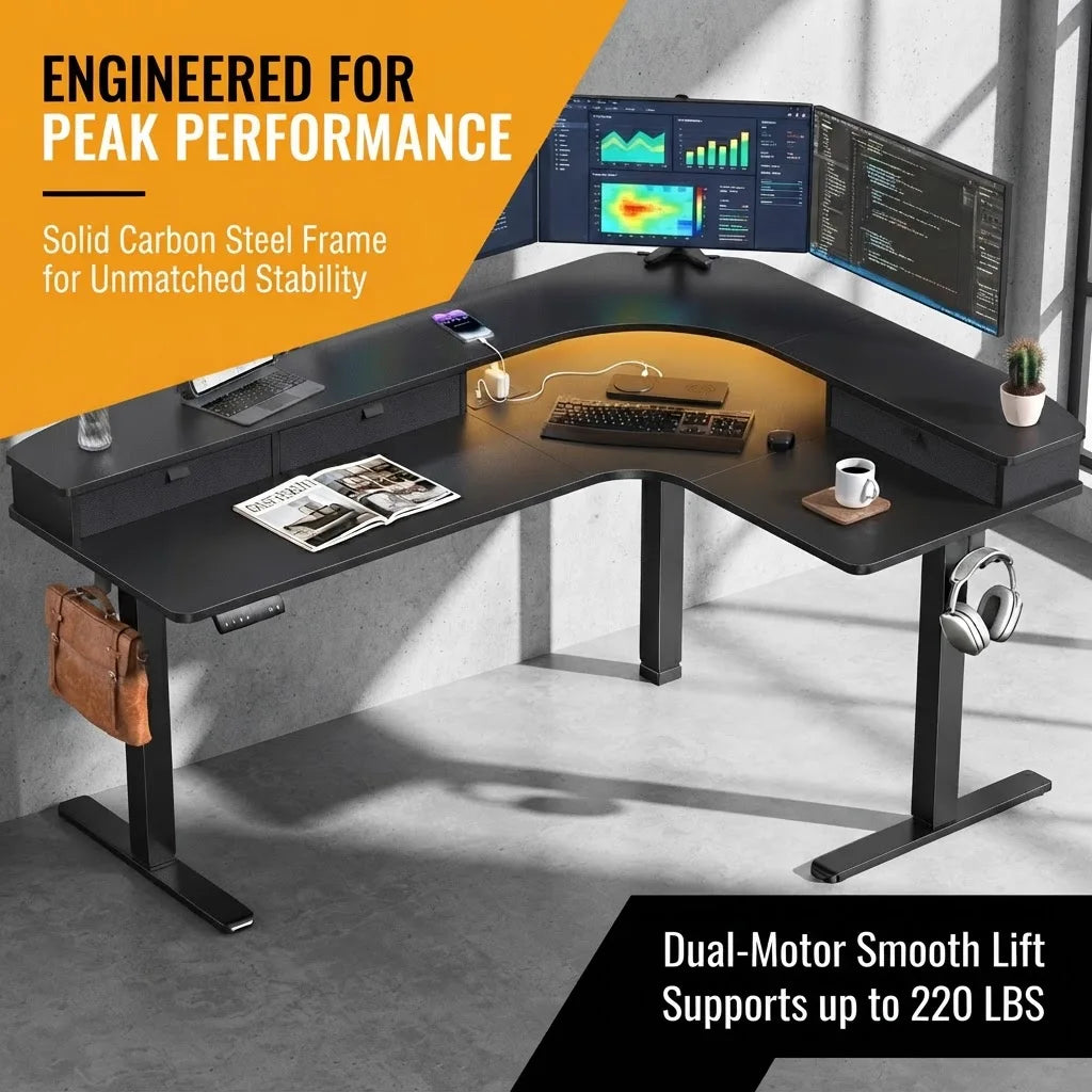 65" L‑Shaped Electric Standing Desk with 3 Drawers, Height Adjustable