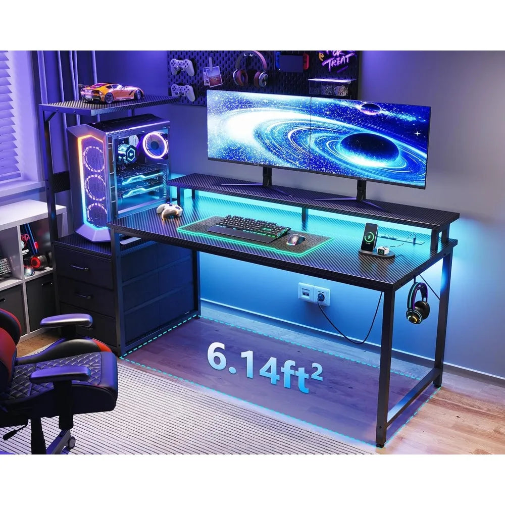59 Inch Gaming Desk with USB Charging Ports, LED Light & Monitor Stand