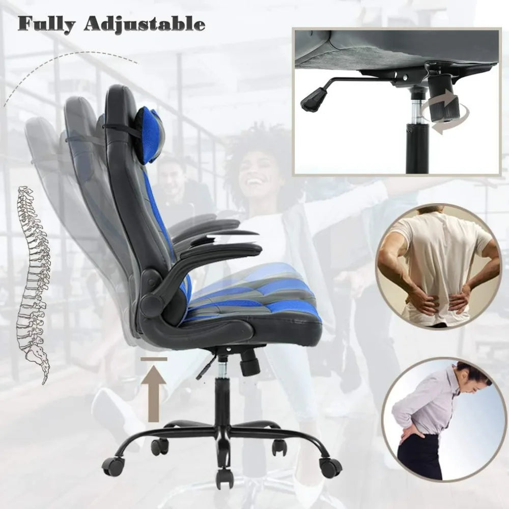 Gaming Chair Blue High Back PU Leather Lumbar Support