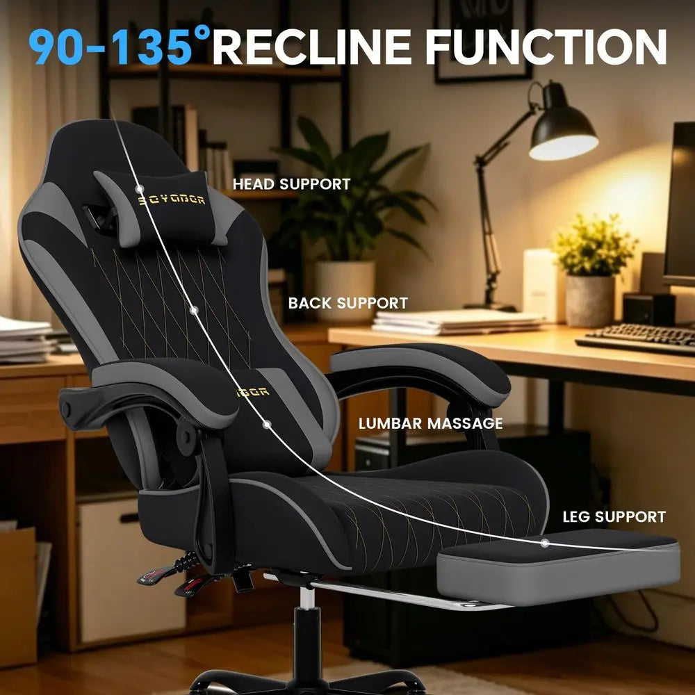Fabric Gaming Chair with Footrest, Gold Diamond Stitching, Height Adjustable