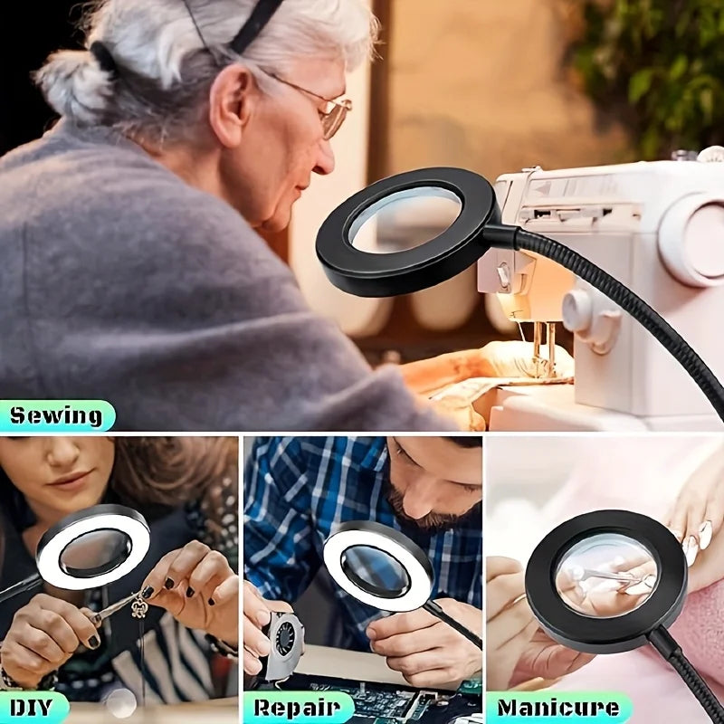 LED Clip-On Magnifying Desk Lamp 5X Magnifier USB Powered 3 Colors 10 Levels