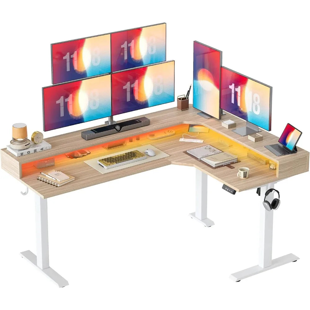63'' L-Shaped Standing Desk with LED Light Strip and Power Outlet