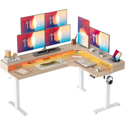 63'' L-Shaped Standing Desk with LED Light Strip and Power Outlet