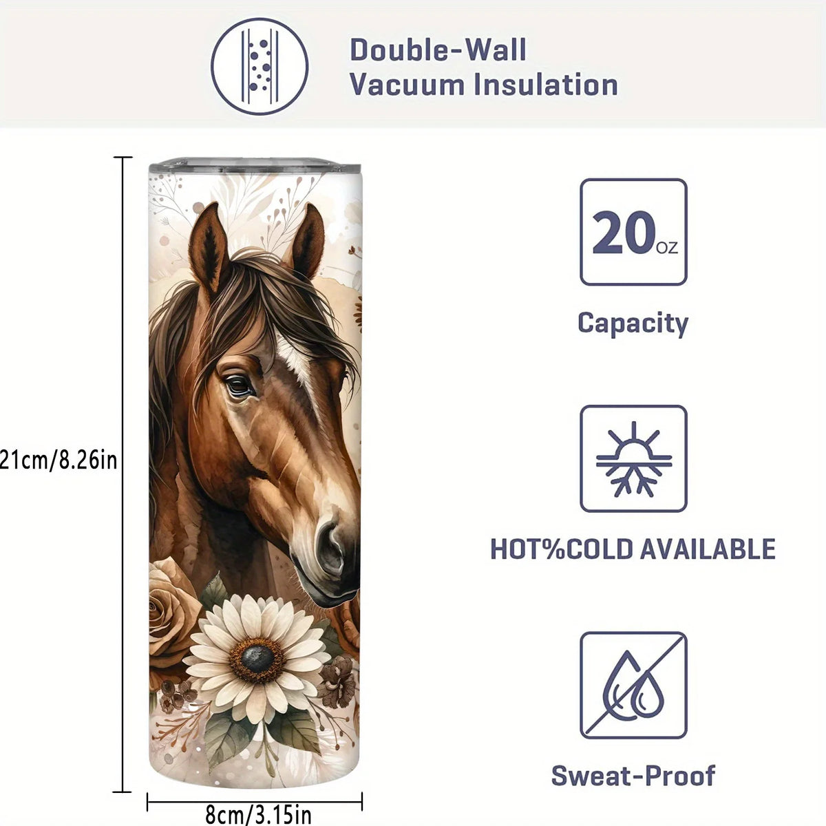 20oz Stainless Steel Horse-Themed Tumbler with Lid - Leak-Proof