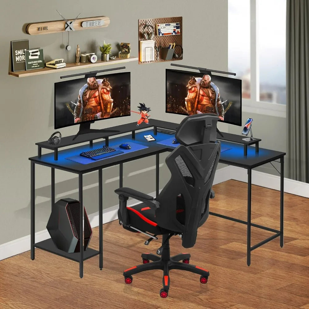 Panana 53.5" L Shaped Computer Desk with LED Lights and Power Outlets