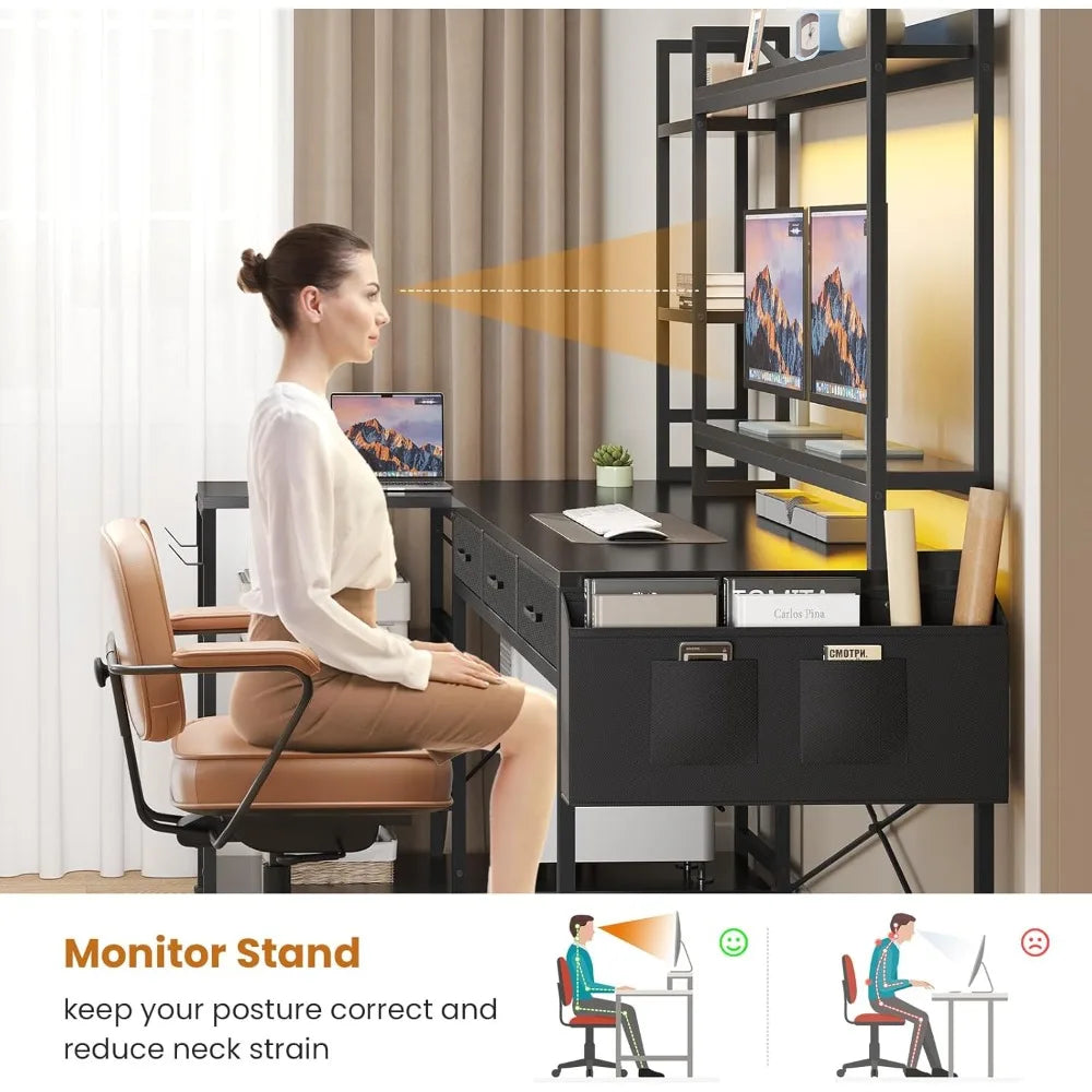 55 L Shaped Gaming Desk with Hutch, Drawers, Shelves and Storage