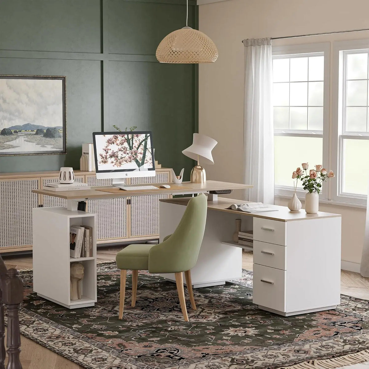 63" L Shaped Standing Desk with Storage, Height Adjustable Table