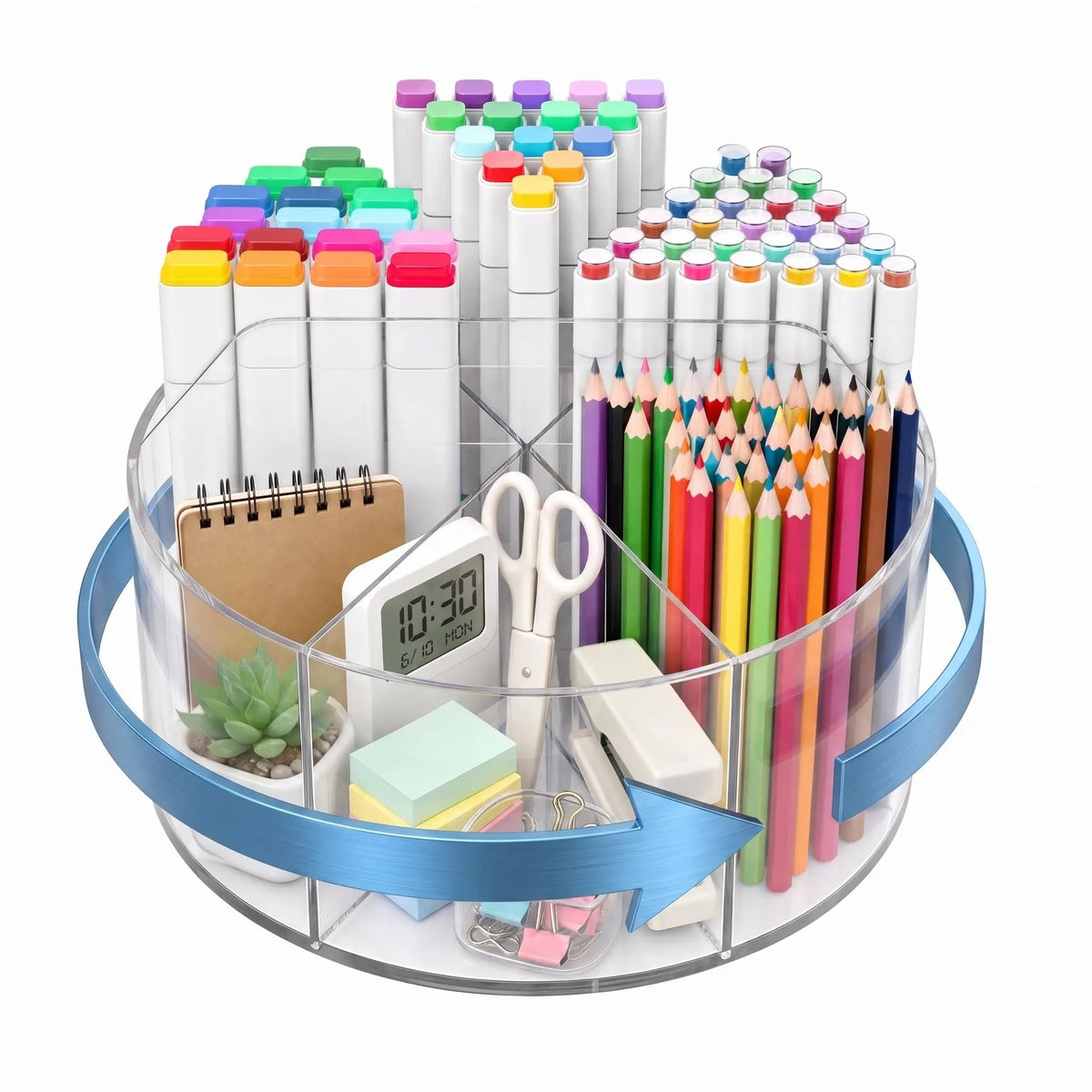 Spinning Acrylic Desk Pen Holder 360 Degree With 6 Compartments And Handle