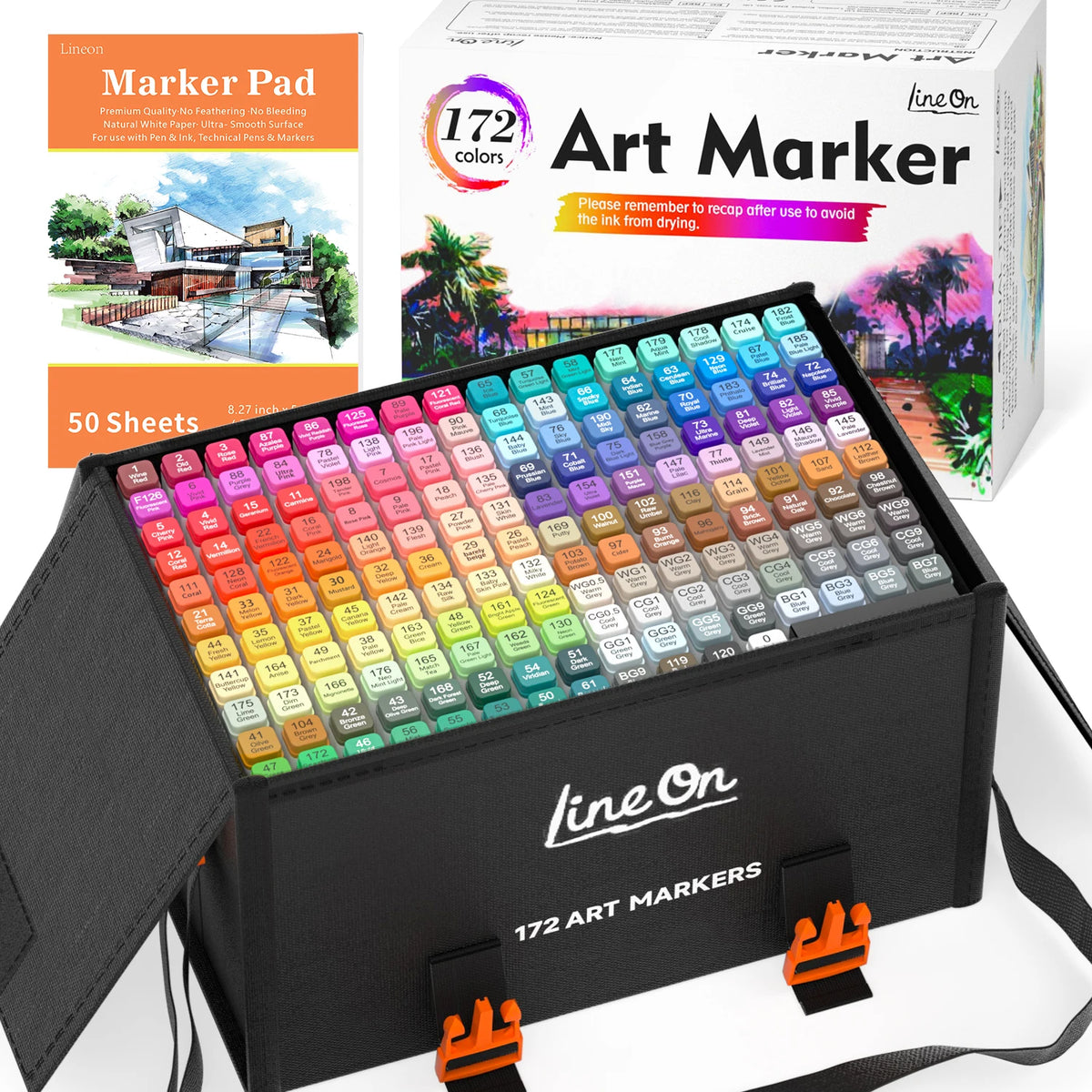 Lineon 172 Colors, 171+1 Marker Pens Plus 1 Marker Pad 1 Case